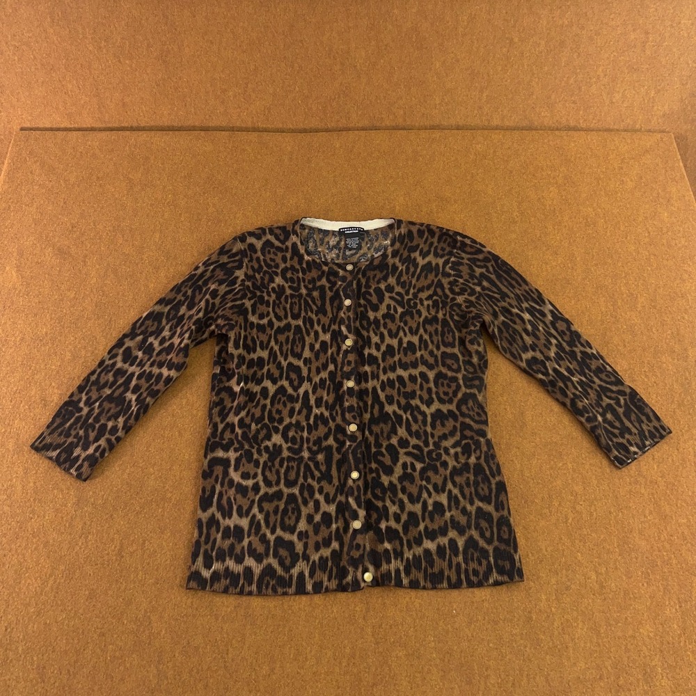 Doncaster Collection Womens Medium Leopard Print Cashmere Button Front Cardigan